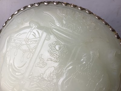 Lot 722 - Chinese jade and white metal box, the jade carved in low relief with flowers, fruit and bats, 12cm long, the jade possibly earlier than the box, in case