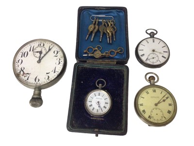 Lot 140 - Two silver cased fob watches, Orams & Son Chelmsford plated pocket watch and a Goliath watch, together with a selection of watch winding keys