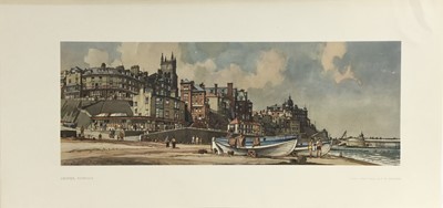 Lot 194 - Five vintage railway carriage prints to include Cromer by F. W. Baldwin, Lincoln by Jack Merriott, Tattershall by Freda Marston, Yarm by S. R. Badmin and Braemar by Edward Lawson, 25.5cm x 53.5cm,...