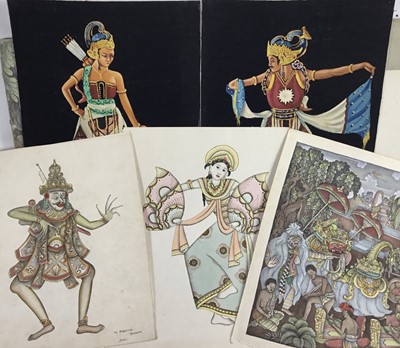 Lot 195 - Group of Indonesian watercolours and oils depicting dancers and ceremonial scenes, mostly signed and inscribed, unframed (10)