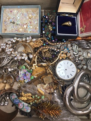 Lot 144 - Group of vintage costume jewellery including a silver cased pocket watch, various bead necklaces, brooches, wristwatches and bijouterie