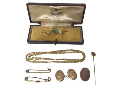 Lot 146 - 14ct gold flat curb link chain, two 9ct gold tie pins, one 9ct gold cufflink, Victorian stick pin, an agate brooch and a Victorian yellow metal bar brooch