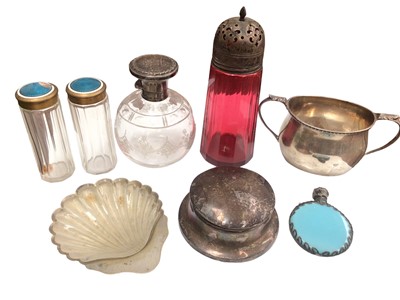 Lot 151 - Silver jewellery/ trinket box, silver two handled sugar bowl, silver shell shaped butter dish, silver topped glass bottles and others