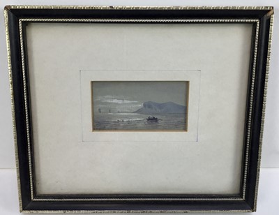 Lot 224 - Sir George Herbert Shakerley (1863-1945) miniature watercolour - figures in a fishing boat, signed and dated '83, 3.5cm x 6.5cm, in glazed frame