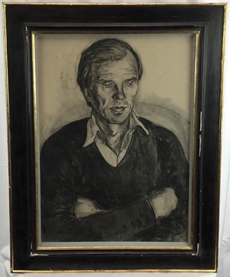 Lot 231 - English School, second half 20th century, charcoal portrait of Sir Geoffrey Shakerley, 6th Bt., (1932-2012), monogrammed, 60cm x 43cm, in glazed frame