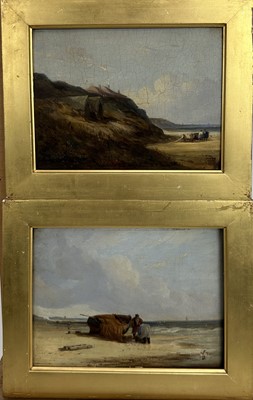 Lot 237 - English School, 19th century, pair of oils on panel - Beach Scenes, 15cm x 20cm, in gilt frames