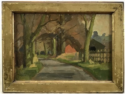 Lot 238 - English School, 20th century, oil on board - Rural Lane, initialled PJG, 15cm x 21cm, in gilt frame