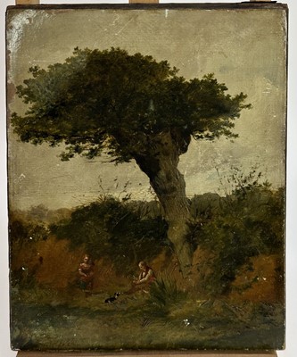 Lot 239 - English School, 19th century, oil on canvas - figures in a rural lane, 39cm x 31cm, unframed