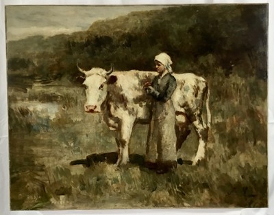 Lot 240 - Continental School, late 19th century, oil on canvas - The Cow Girl, indistinctly signed, 58cm x 73cm, unframed