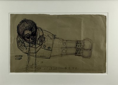 Lot 242 - Cynthia Pell (1933-1977) ink and crayon - 'Crying Self Portrait', signed and dated '77, 31.5cm x 51cm, in glazed frame