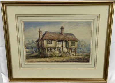 Lot 246 - E. S. Drummond, 19th century watercolour - timber framed house at Pattenden, Kent, signed and inscribed, 21cm x 32cm, in glazed gilt frame