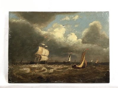 Lot 249 - English School, 19th century, pair of oils on canvas - shipping at sea, unframed, 26cm x 36cm