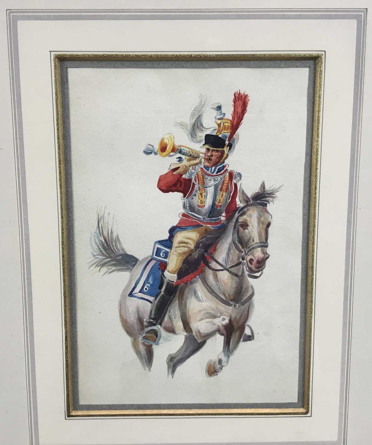 Lot 251 - Pair of 20th century watercolours depicting mounted soldiers of the early 19th century, titled verso, 20cm x 13cm, in glazed gilt frames
