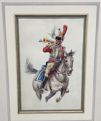 Lot 251 - Pair of 20th century watercolours depicting mounted soldiers of the early 19th century, titled verso, 20cm x 13cm, in glazed gilt frames