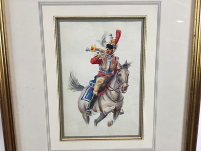 Lot 251 - Pair of 20th century watercolours depicting mounted soldiers of the early 19th century, titled verso, 20cm x 13cm, in glazed gilt frames