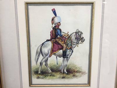 Lot 251 - Pair of 20th century watercolours depicting mounted soldiers of the early 19th century, titled verso, 20cm x 13cm, in glazed gilt frames
