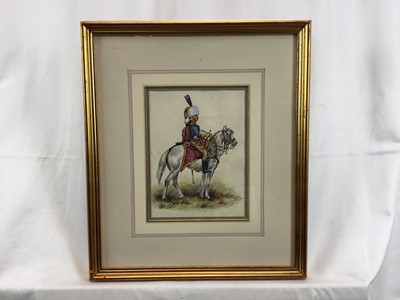 Lot 251 - Pair of 20th century watercolours depicting mounted soldiers of the early 19th century, titled verso, 20cm x 13cm, in glazed gilt frames