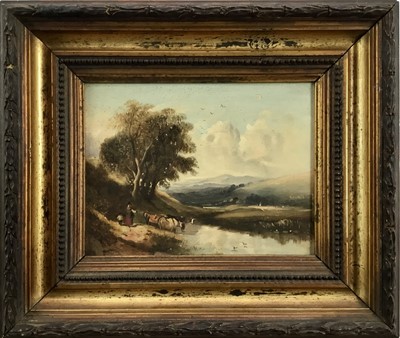 Lot 253 - English School, 19th century, oil on board - Cattle Watering, 15cm x 19cm, in gilt frame