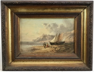 Lot 254 - English School, 19th century, oil on board - Fisherfolk on the Shore, 14cm x 21cm, in gilt frame