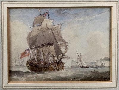 Lot 255 - English School, 19th century, watercolour - British Man o' War off the Coast, 8.5cm x 11.5cm, in glazed gilt frame