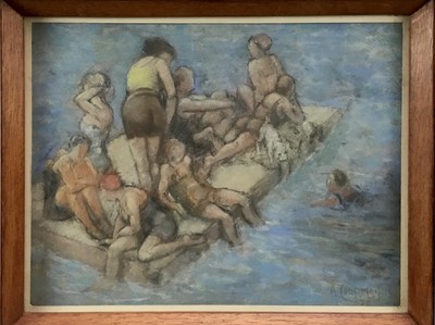 Lot 256 - A. Coopman, 1930s pastel - Bathers on a Raft, signed and dated 1930, 23cm x 30cm, in glazed frame