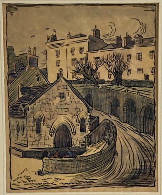 Lot 258 - Dorothy Morse Brown (1900-1995) ink and watercolour on tracing paper - Townscape, signed, 25cm x 20cm, mounted