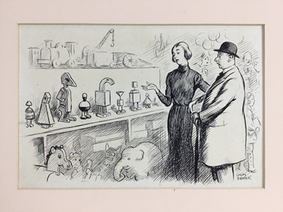 Lot 260 - Lewis Baumer (1870-1963) pen and ink illustration - 'Or perhaps the little girl would like a doll?', signed, inscribed verso, 18cm x 27cm, mounted