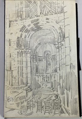 Lot 262 - T. E. Lidiard James, Edwardian partially filled sketchbook containing views of Ely Cathedral, Corfe Castle, Swanage, Poole and other views, 14 pages, 22.5cm x 14cm