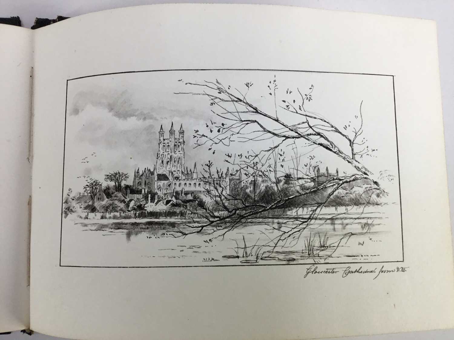 Lot 263 - Late Victorian English School pen, ink and wash album of sketches to include views of Gloucester Cathedral, cat and kittens, Tower of London, figure sketches and others, mostly signed - 36 pages