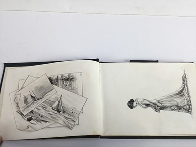 Lot 263 - Late Victorian English School pen, ink and wash album of sketches to include views of Gloucester Cathedral, cat and kittens, Tower of London, figure sketches and others, mostly signed - 36 pages