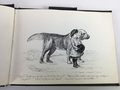 Lot 263 - Late Victorian English School pen, ink and wash album of sketches to include views of Gloucester Cathedral, cat and kittens, Tower of London, figure sketches and others, mostly signed - 36 pages