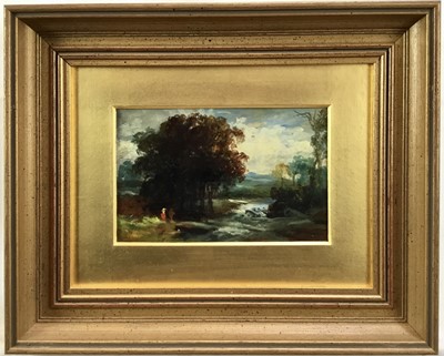 Lot 265 - English School, 19th century, oil on board - River Landscape, 11cm x 17.5cm, in gilt frame