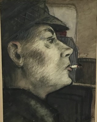 Lot 266 - C. White, 1930s-40s watercolour - portrait of a man with a cigarette, signed, 26cm x 19cm, in glazed frame