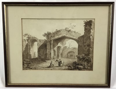 Lot 269 - Four late 18th / early 19th century monochrome and sepia watercolours - figures within ruins, a rural church and others, each framed (4)