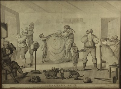 Lot 272 - Henry Bunbury (1750-1811) black and white engraving - A Barbers Shop, 49.5cm x 66cm, in glazed oak frame