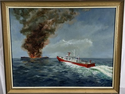 Lot 300 - Maynard, 20th century, oil on board - The Burning Ship, signed, 54cm x 69cm, framed