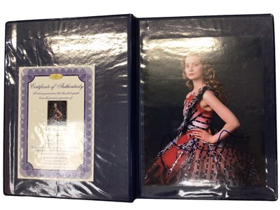 Lot 1497 - Five autographed photographs in folders with certificates of authenticity from Bentham Collectibles Ltd. Includes Mia Wasikowska, Brooke Shields, Madeline Smith, Ingrid Pitt, Hayley Mills and one o...