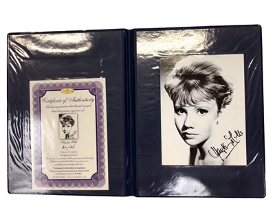 Lot 1497 - Five autographed photographs in folders with certificates of authenticity from Bentham Collectibles Ltd. Includes Mia Wasikowska, Brooke Shields, Madeline Smith, Ingrid Pitt, Hayley Mills and one o...