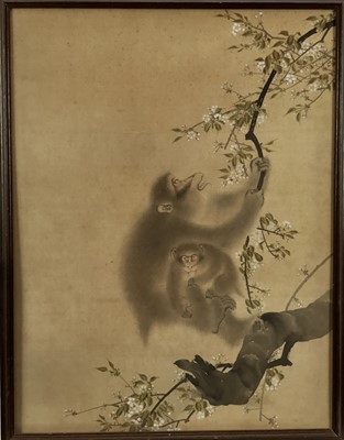 Lot 328 - Late 19th / early 20th century Chinese painting on silk of two monkeys in a blossoming tree, 69cm x 53cm, framed