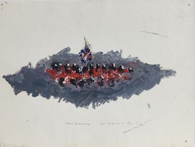 Lot 191 - Pair of 1970s English School oil sketches on paper - Scots Guards and The French Imperial Guards, indistinctly signed, titled and dated 1972, unframed, 17.5cm x 22.5cm