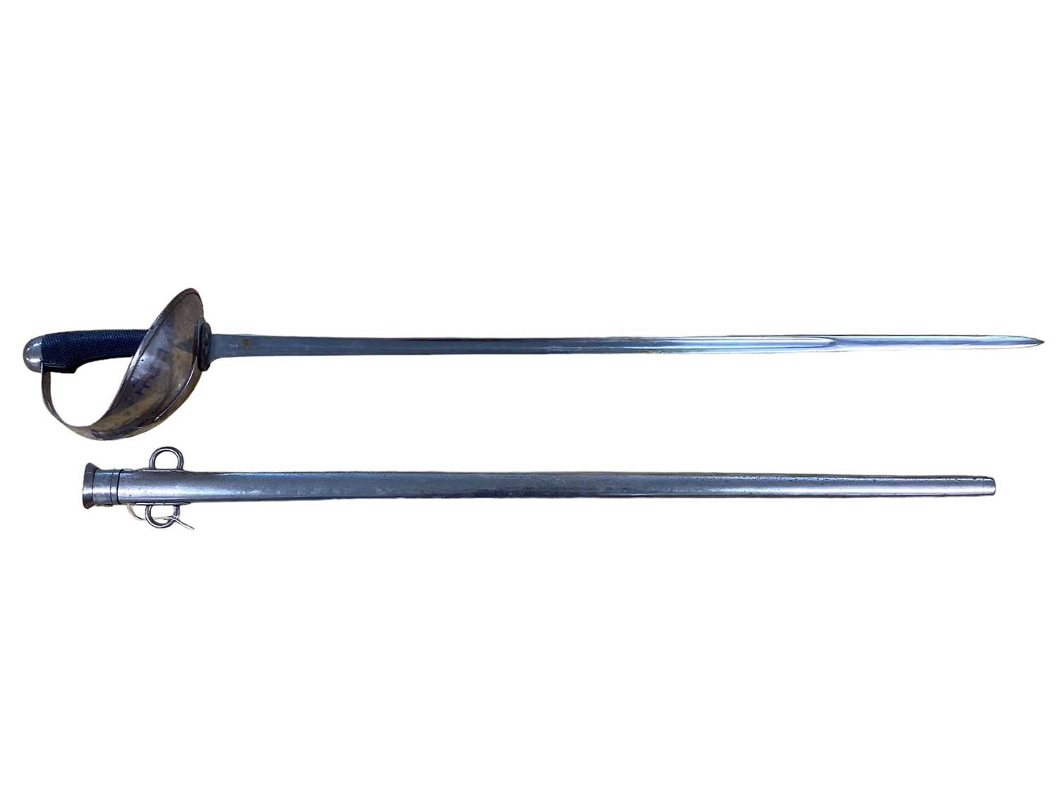 Lot 894 - Scarce British 1908 Pattern ( Mark 1) Cavalry troopers sword by Wilkinson, Pall Mall, with chequered plastic grip, bowl guard, straight blade retaining original polish in steel scabbard with two lo...
