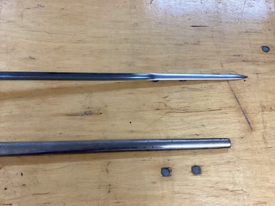 Lot 894 - Scarce British 1908 Pattern ( Mark 1) Cavalry troopers sword by Wilkinson, Pall Mall, with chequered plastic grip, bowl guard, straight blade retaining original polish in steel scabbard with two lo...