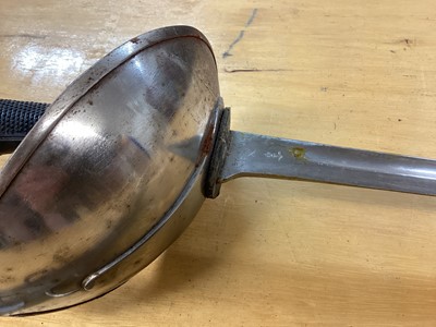 Lot 894 - Scarce British 1908 Pattern ( Mark 1) Cavalry troopers sword by Wilkinson, Pall Mall, with chequered plastic grip, bowl guard, straight blade retaining original polish in steel scabbard with two lo...