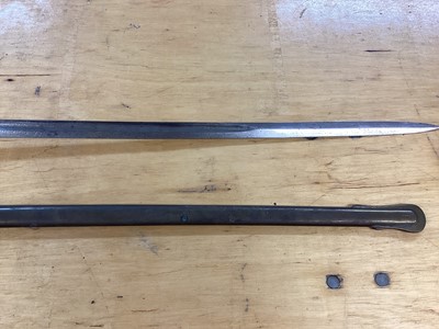 Lot 897 - Victorian 1845 Pattern Infantry Officers sword with brass gothic hilt, etched fullered blade in brass Field Officers scabbard