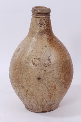 Lot 9 - German salt glazed stoneware flagon with tiger glaze, unusual impressed marks to the front, probably 17th or 18th century