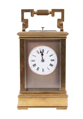 Lot 629 - Late 19th century French quarter repeating brass carriage clock in leather travelling case.