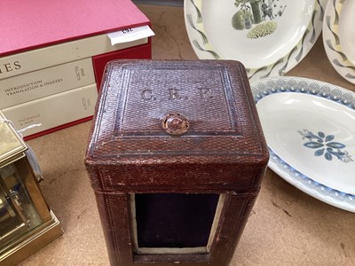 Lot 629 - Late 19th century French quarter repeating brass carriage clock in leather travelling case.
