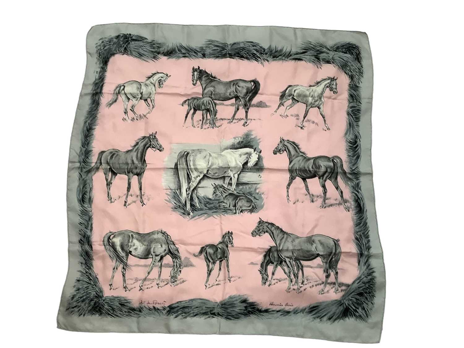 Lot 2156 - Hermes silk scarves Combat de Coqs by Hugho Grygkar and Les Poulains by Xavier de Poret both 90 x 90 cms approximately.