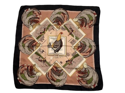 Lot 2156 - Hermes silk scarves Combat de Coqs by Hugho Grygkar and Les Poulains by Xavier de Poret both 90 x 90 cms approximately.