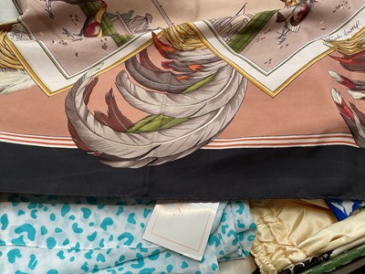 Lot 2156 - Hermes silk scarves Combat de Coqs by Hugho Grygkar and Les Poulains by Xavier de Poret both 90 x 90 cms approximately.